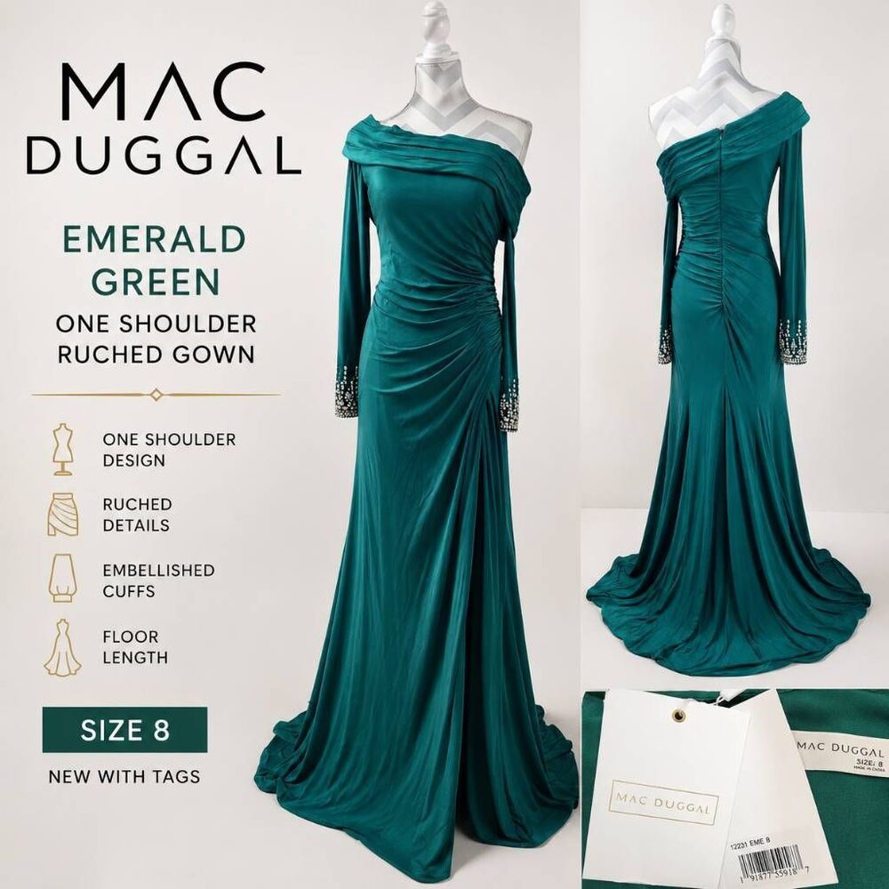Mac Duggal Emerald Green One Shoulder Ruched Formal Gown Dress Size 8 NWT - Picture 2 of 11